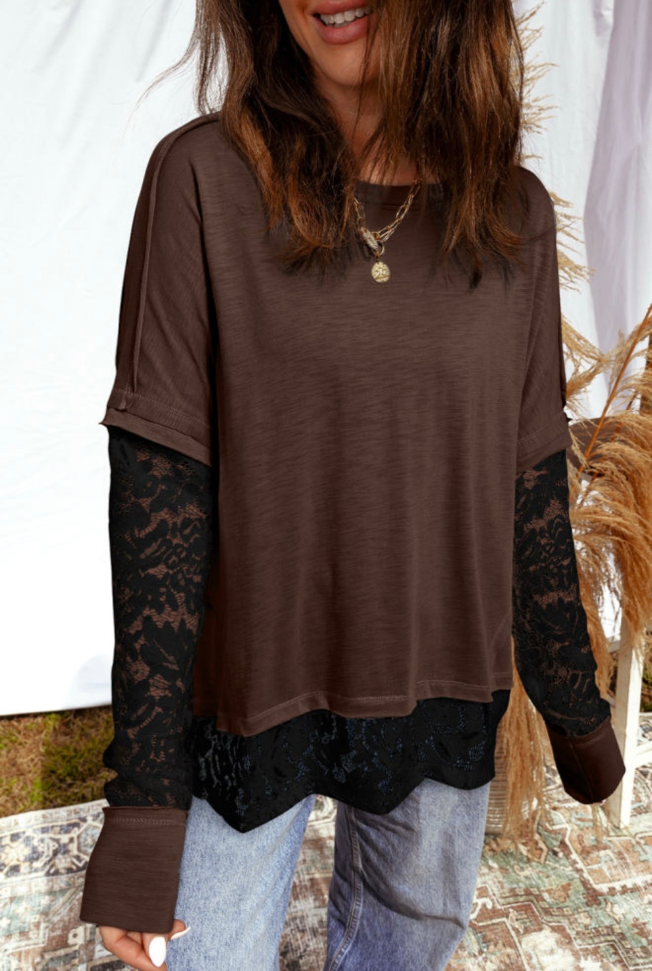 Brown lace patchwork long sleeve