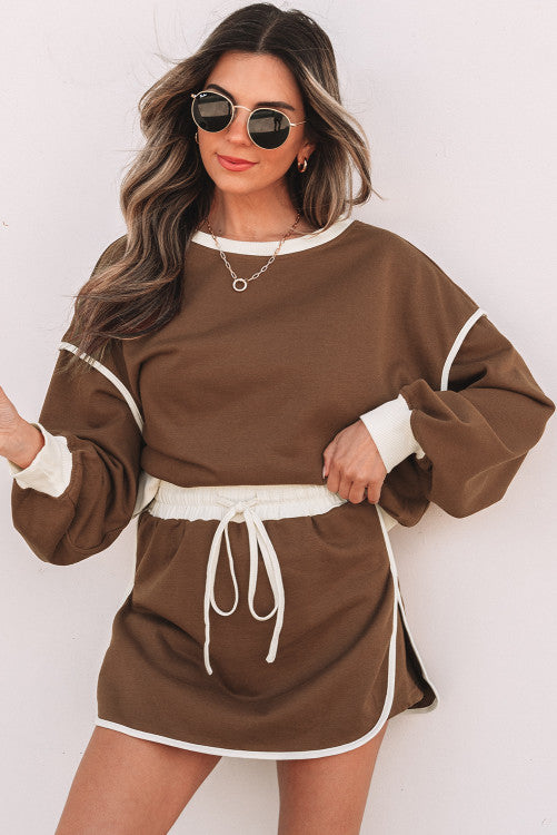 Black loose pullover and lace up waist skort set