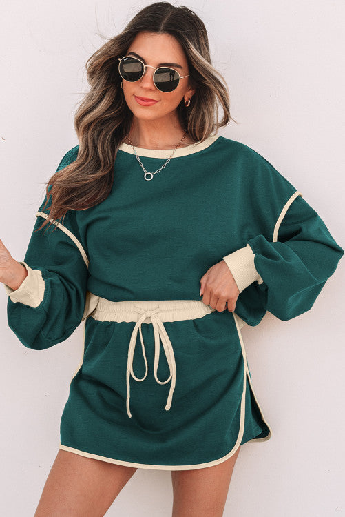 Black loose pullover and lace up waist skort set