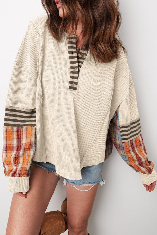 Waffle strip plaid shirt