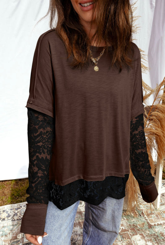 Brown lace patchwork long sleeve
