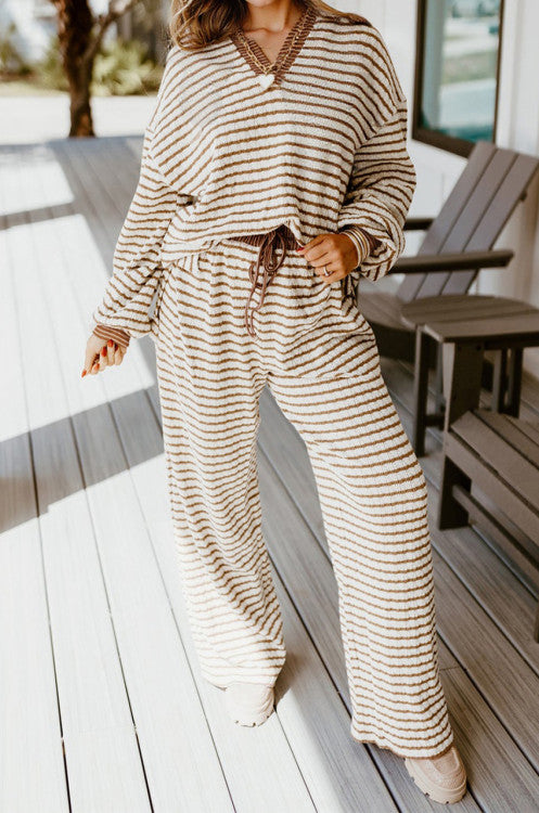 Khaki stripped collared set