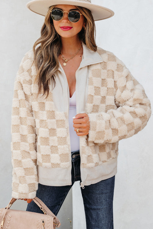 Khaki checker zip up collard jacket
