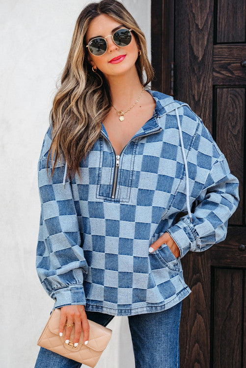 Checkered pocket denim hoodie