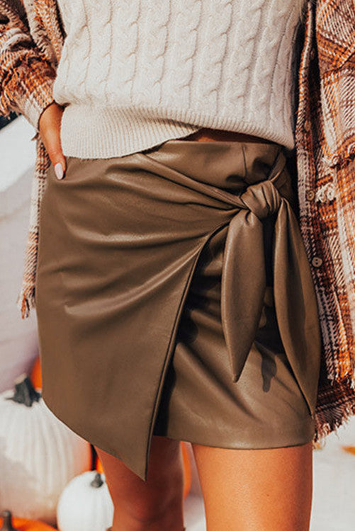 Coffee Bowknot leather skirt