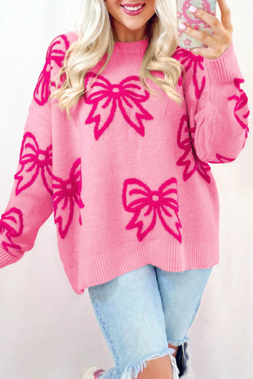 Pink bow shoulder lose sweater
