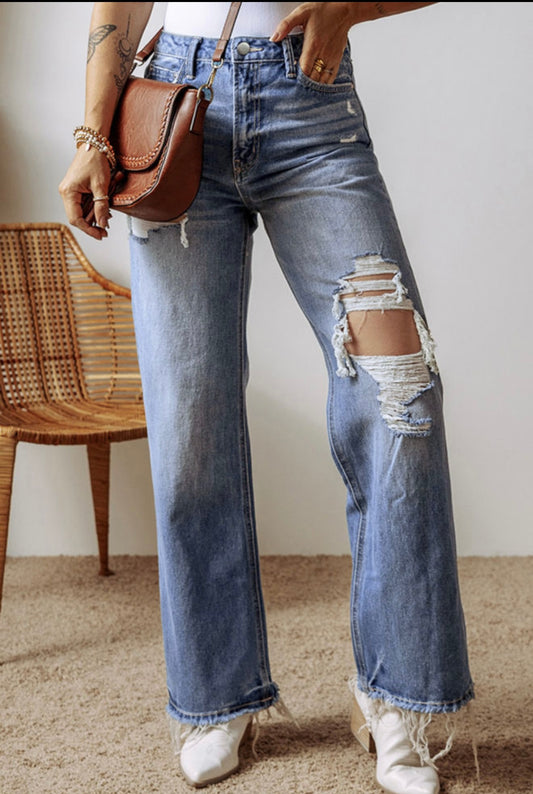 Blue straight leg high waist jeans