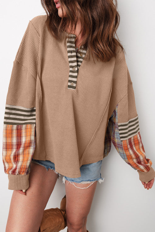 Waffle strip plaid shirt